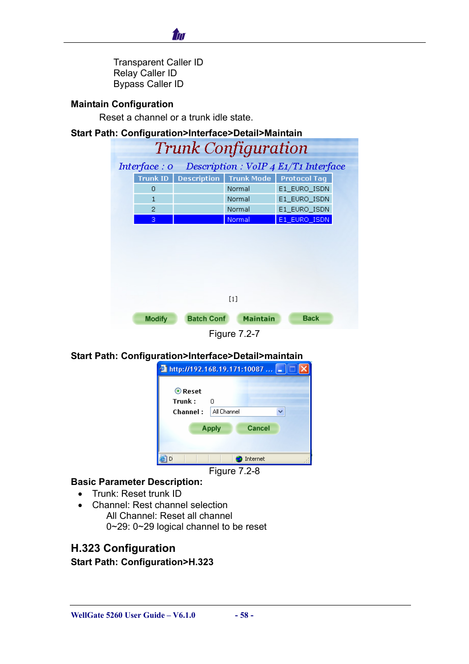 Maintain configuration, H.323 configuration | Welltech WG5260 V.6.1 User Manual | Page 58 / 136