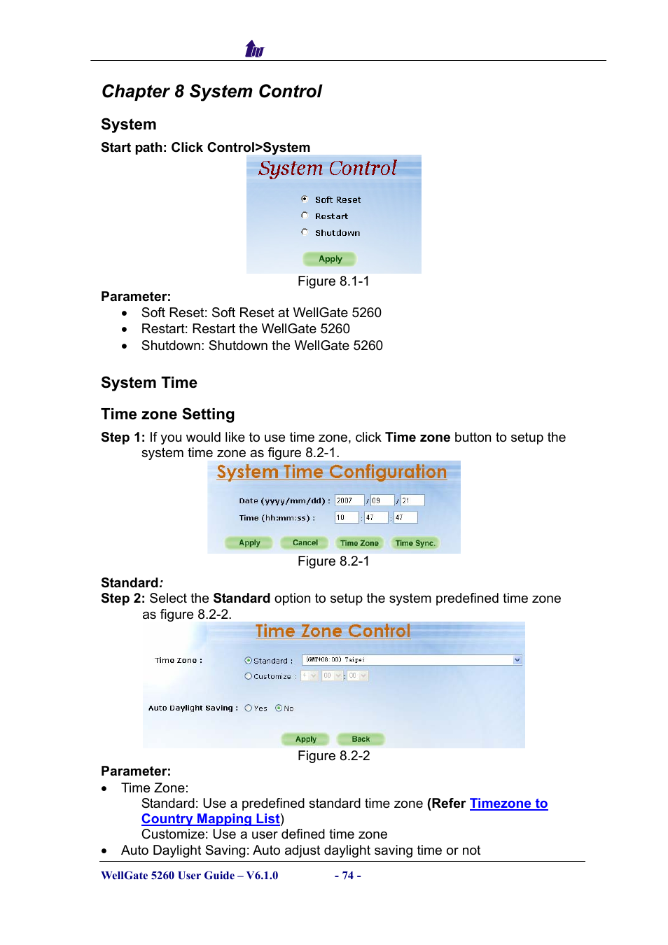 Chapter 8 system control, System, System time | Ystem | Welltech WG5260 V.6.1 User Manual | Page 74 / 136
