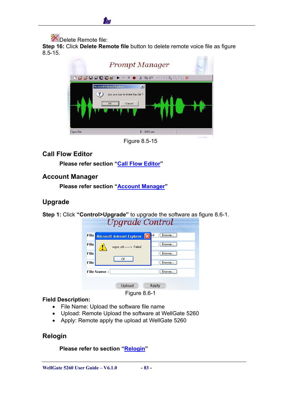 Call flow editor, Account manager, Upgrade | Relogin, Ditor, Ccount, Anager, Pgrade, Elogin | Welltech WG5260 V.6.1 User Manual | Page 83 / 136