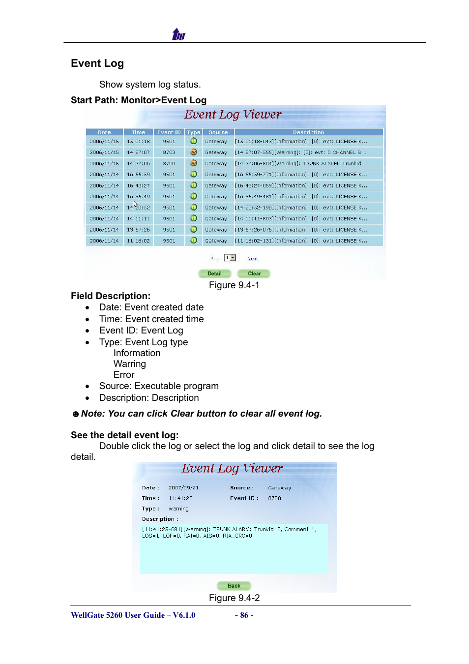 Event log, Vent | Welltech WG5260 V.6.1 User Manual | Page 86 / 136