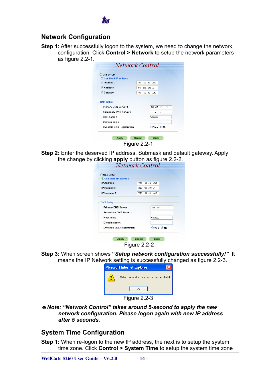 Network configuration, System time configuration, Etwork | Onfiguration, Ystem | Welltech WG5260 V.6.2 User Manual | Page 14 / 137