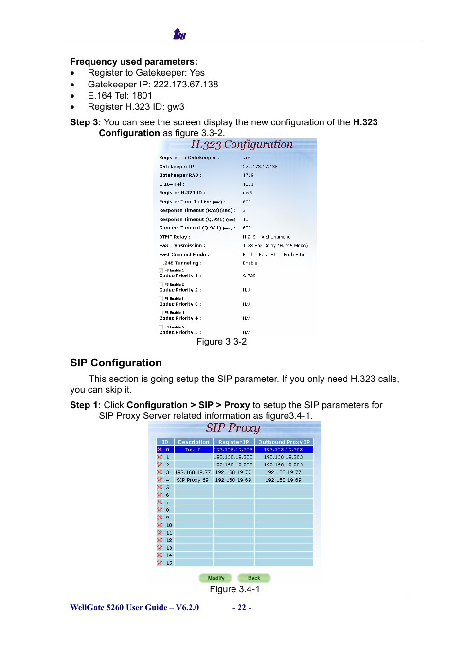 Sip configuration, Onfiguration | Welltech WG5260 V.6.2 User Manual | Page 22 / 137