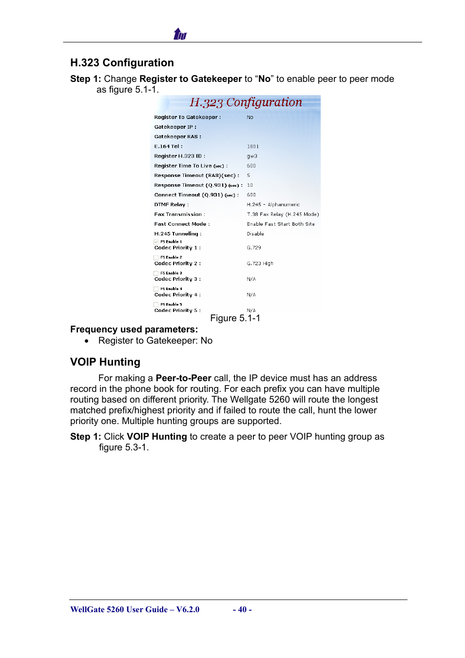 H.323 configuration, Voip hunting, H.323 | Onfiguration, Voip, Unting | Welltech WG5260 V.6.2 User Manual | Page 40 / 137