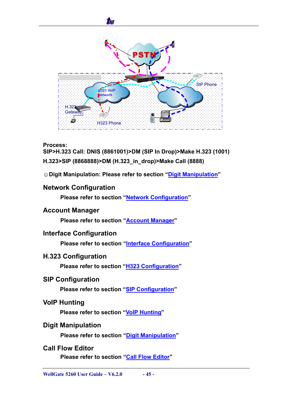 Network configuration, Account manager, Interface configuration | H.323 configuration, Sip configuration, Voip hunting, Digit manipulation, Call flow editor, Etwork, Onfiguration | Welltech WG5260 V.6.2 User Manual | Page 45 / 137