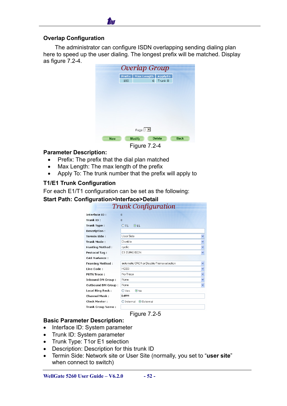 Overlap configuration, T1/e1 trunk configuration | Welltech WG5260 V.6.2 User Manual | Page 52 / 137