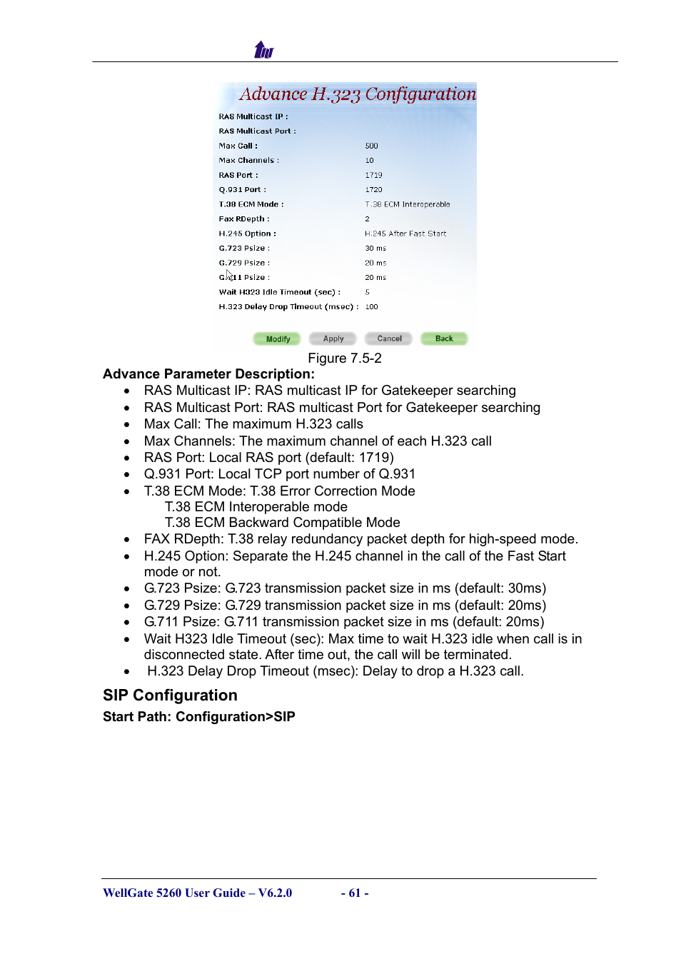 Sip configuration | Welltech WG5260 V.6.2 User Manual | Page 61 / 137