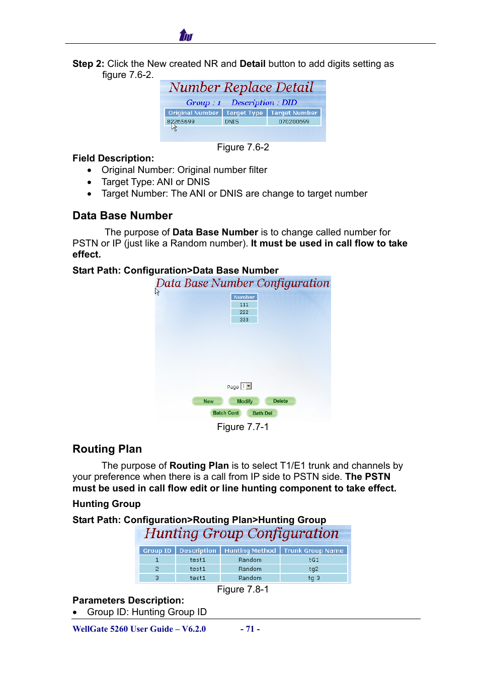 Data base number, Routing plan, Data base number routing plan | Welltech WG5260 V.6.2 User Manual | Page 71 / 137