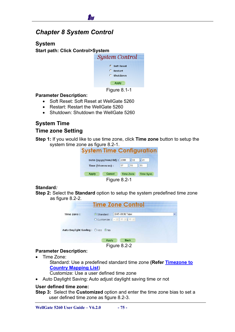 Chapter 8 system control, System, System time | Ystem | Welltech WG5260 V.6.2 User Manual | Page 75 / 137