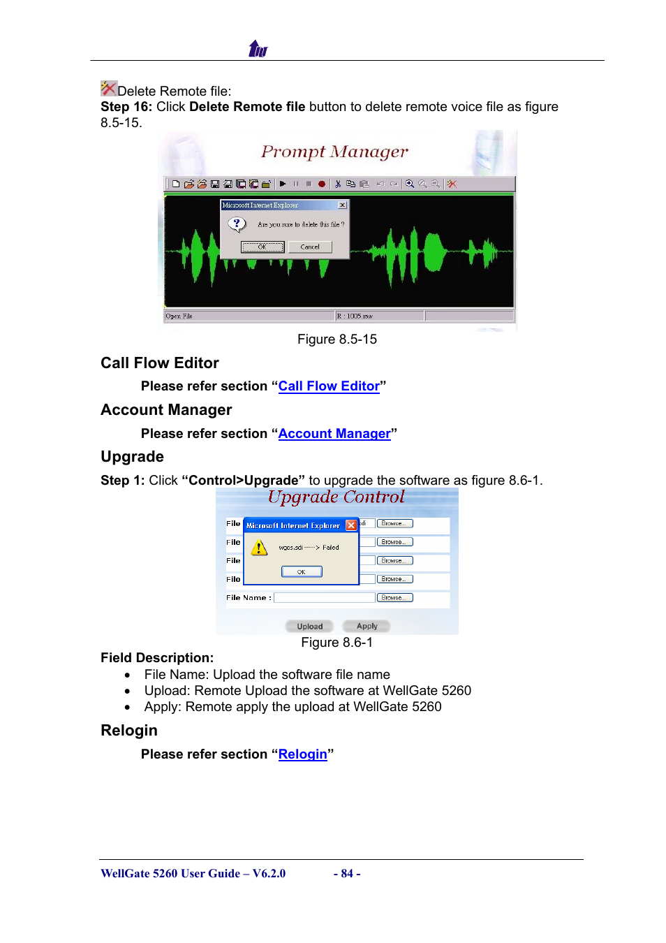 Call flow editor, Account manager, Upgrade | Relogin, Ditor, Ccount, Anager, Pgrade, Elogin | Welltech WG5260 V.6.2 User Manual | Page 84 / 137