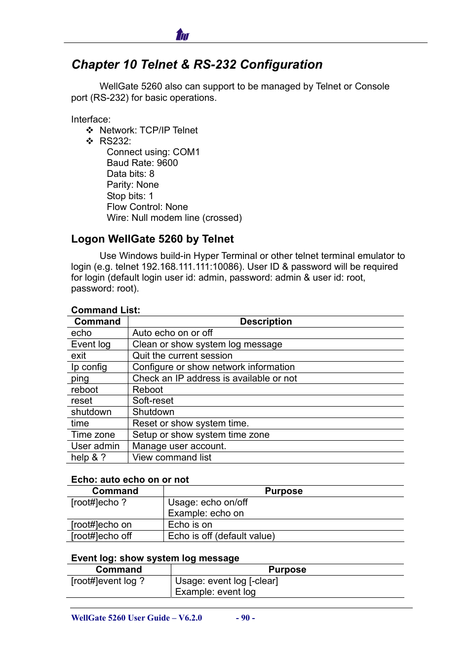 Chapter 10 telnet & rs-232 configuration, Logon wellgate 5260 by telnet, Description | Ogon, Elnet | Welltech WG5260 V.6.2 User Manual | Page 90 / 137