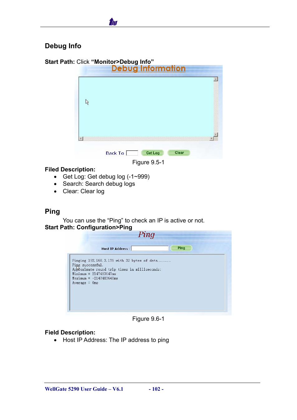 Debug info, Ping, Ebug | Welltech WG5290 User Manual | Page 102 / 149