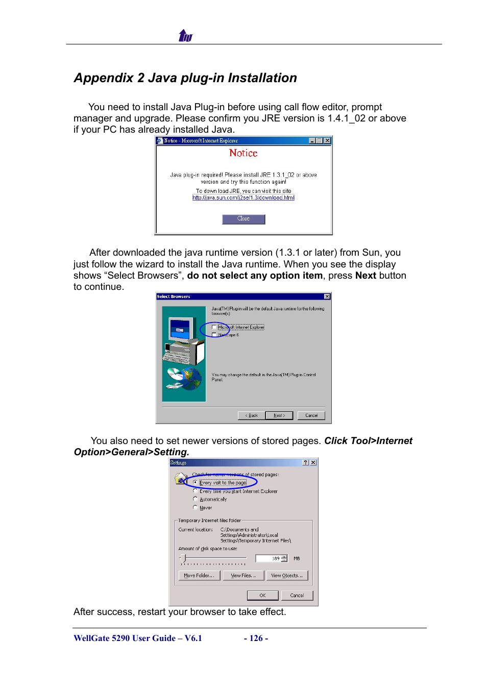 Appendix 2 java plug-in installation, Appendix 2 java plug-in install | Welltech WG5290 User Manual | Page 126 / 149