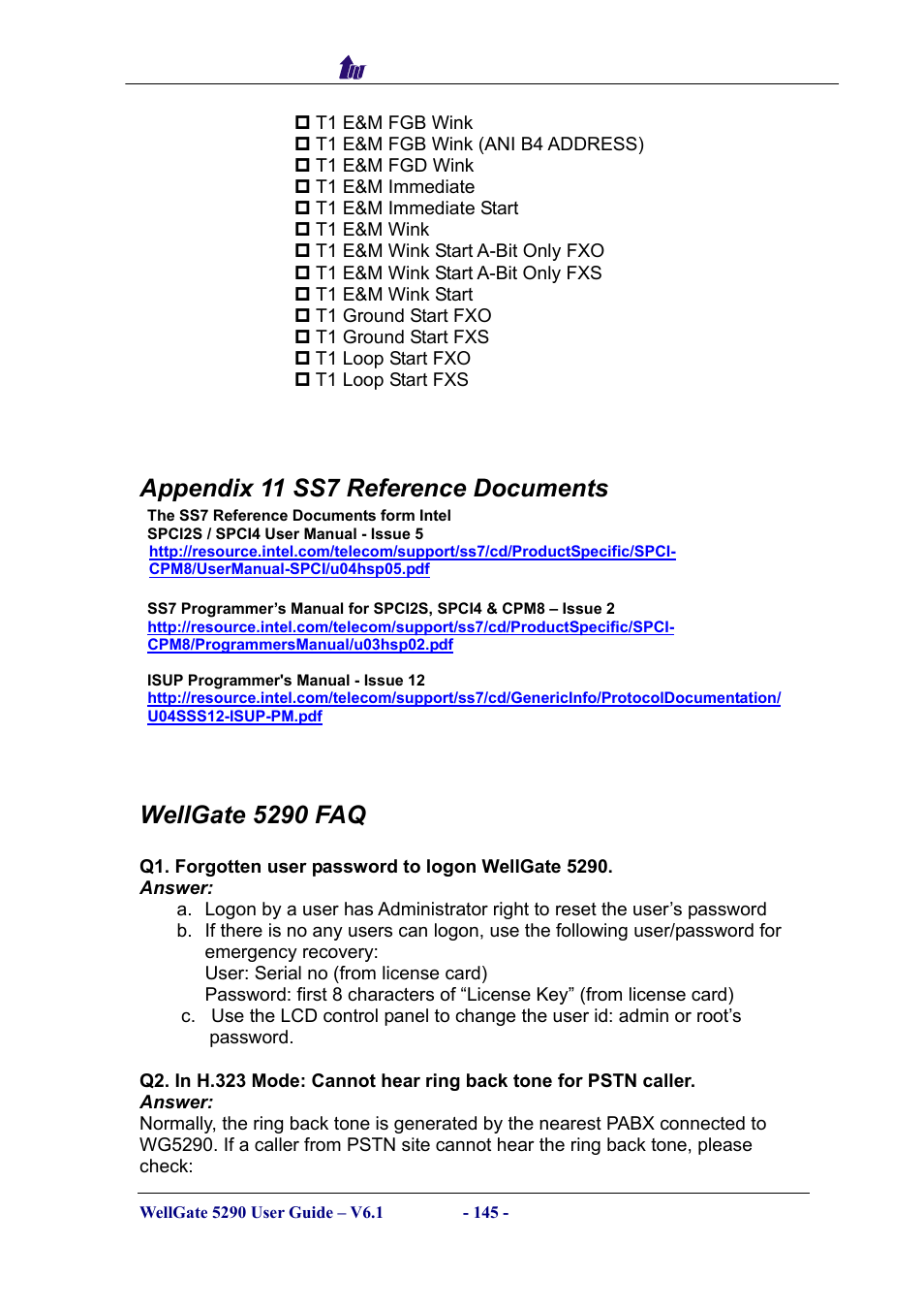 Appendix 11 ss7 reference documents, Wellgate 5290 faq | Welltech WG5290 User Manual | Page 145 / 149
