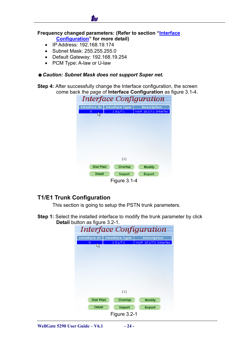 T1/e1 trunk configuration, T1/e1, Runk | Onfiguration | Welltech WG5290 User Manual | Page 24 / 149