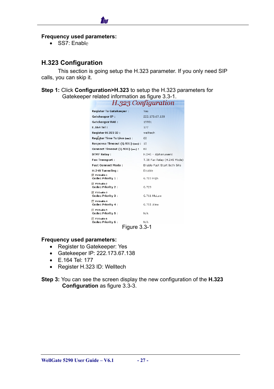 H.323 configuration, H.323, Onfiguration | Welltech WG5290 User Manual | Page 27 / 149