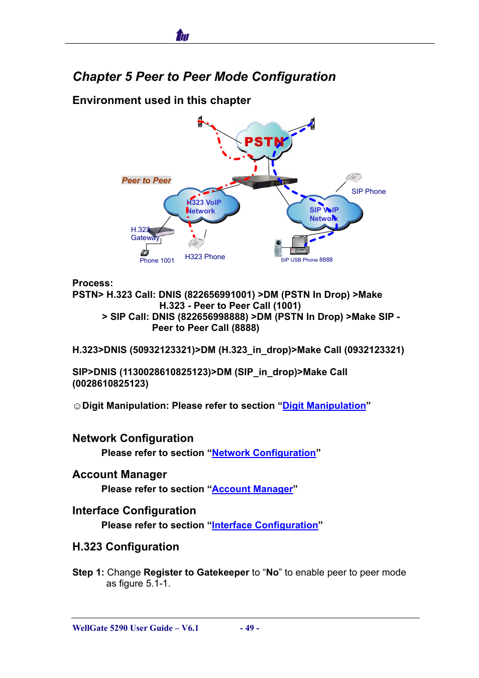Chapter 5 peer to peer mode configuration, Environment used in this chapter, Network configuration | Account manager, Interface configuration, H.323 configuration, Nvironment used in this chapter, Etwork, Onfiguration, Ccount | Welltech WG5290 User Manual | Page 49 / 149