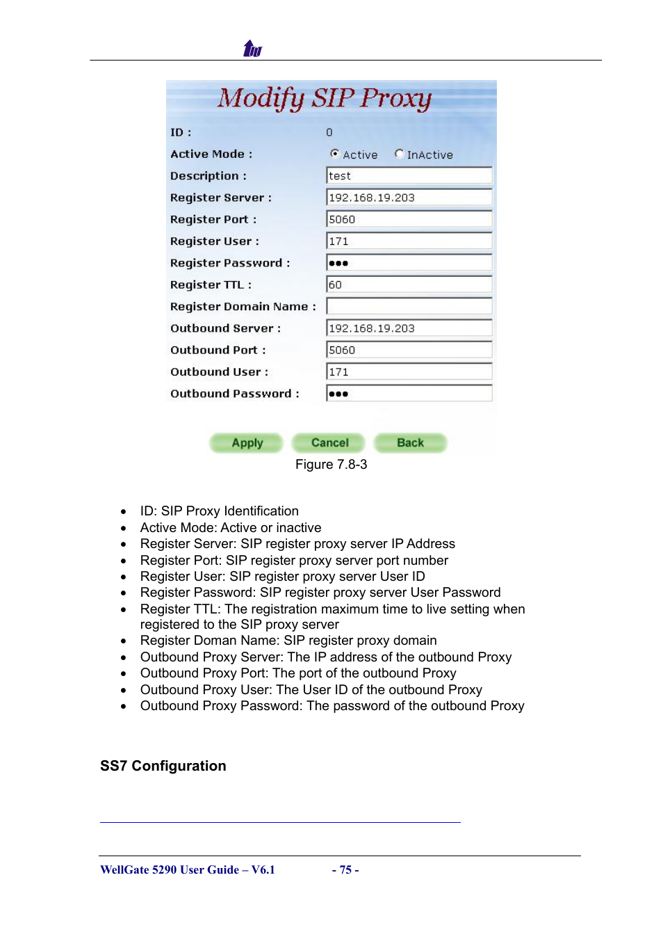 Ss7 configuration | Welltech WG5290 User Manual | Page 75 / 149