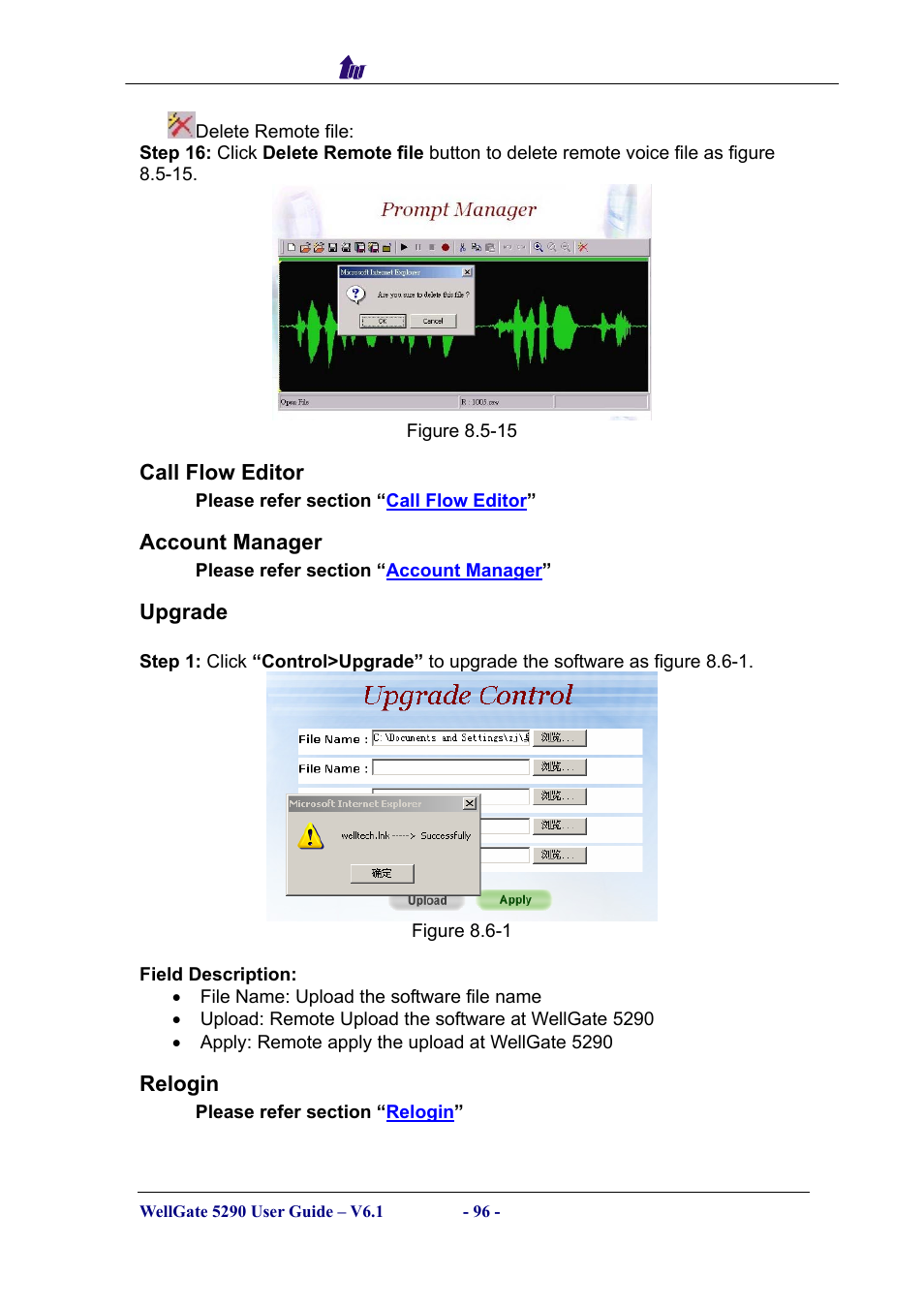 Call flow editor, Account manager, Upgrade | Relogin, Ditor, Ccount, Anager, Pgrade, Elogin | Welltech WG5290 User Manual | Page 96 / 149