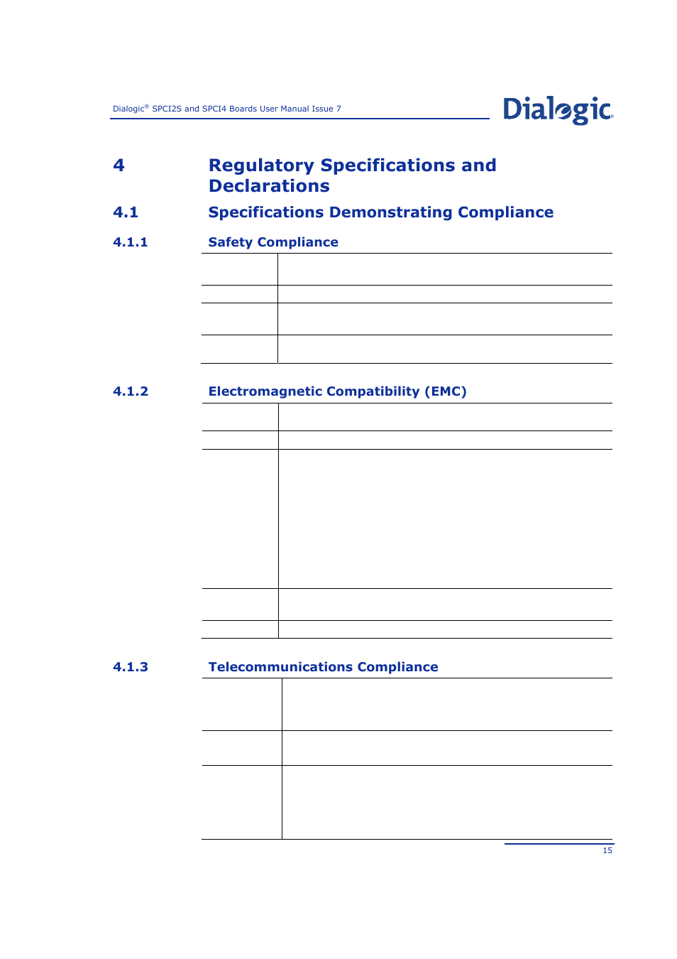 4 regulatory specifications and declarations, 1 specifications demonstrating compliance, 1 safety compliance | 2 electromagnetic compatibility (emc), 3 telecommunications compliance, Regulatory specifications and declarations, Specifications demonstrating compliance, Safety compliance, Electromagnetic compatibility (emc), Telecommunications compliance | Welltech SPCI2S Boards User Manual | Page 15 / 37