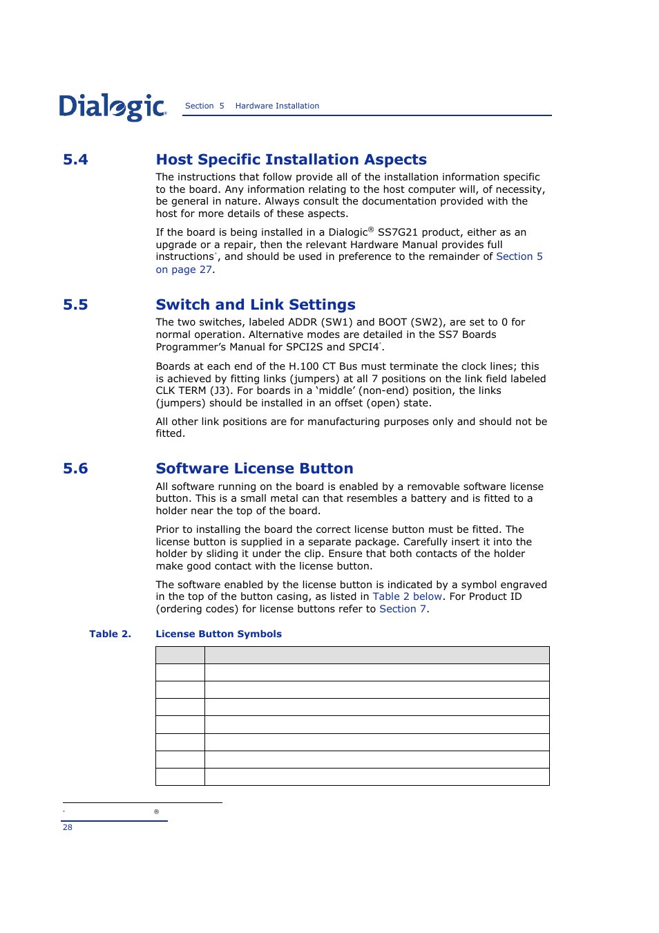 4 host specific installation aspects, 5 switch and link settings, 6 software license button | Host specific installation aspects, Switch and link settings, Software license button, Table 2, License button symbols | Welltech SPCI2S Boards User Manual | Page 28 / 37
