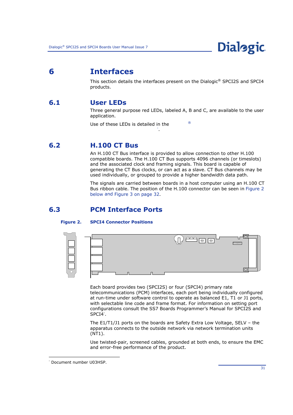 6 interfaces, 1 user leds, 2 h.100 ct bus | 3 pcm interface ports, Interfaces, User leds, H.100 ct bus, Pcm interface ports, Figure 2, Spci4 connector positions | Welltech SPCI2S Boards User Manual | Page 31 / 37