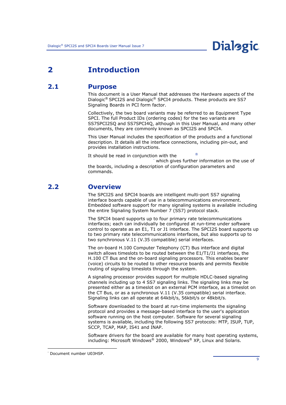 2 introduction, 1 purpose, 2 overview | Introduction, Purpose, Overview | Welltech SPCI2S Boards User Manual | Page 9 / 37