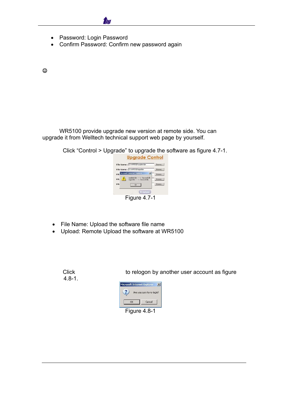 Upgrade, Relogin, Upgrade relogin | Welltech WR5100 V.1.0 User Manual | Page 16 / 33