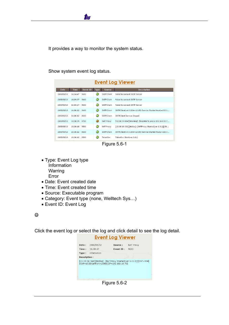 Chapter 4 system monitor reference, Event log | Welltech WR5100 V.1.0 User Manual | Page 17 / 33