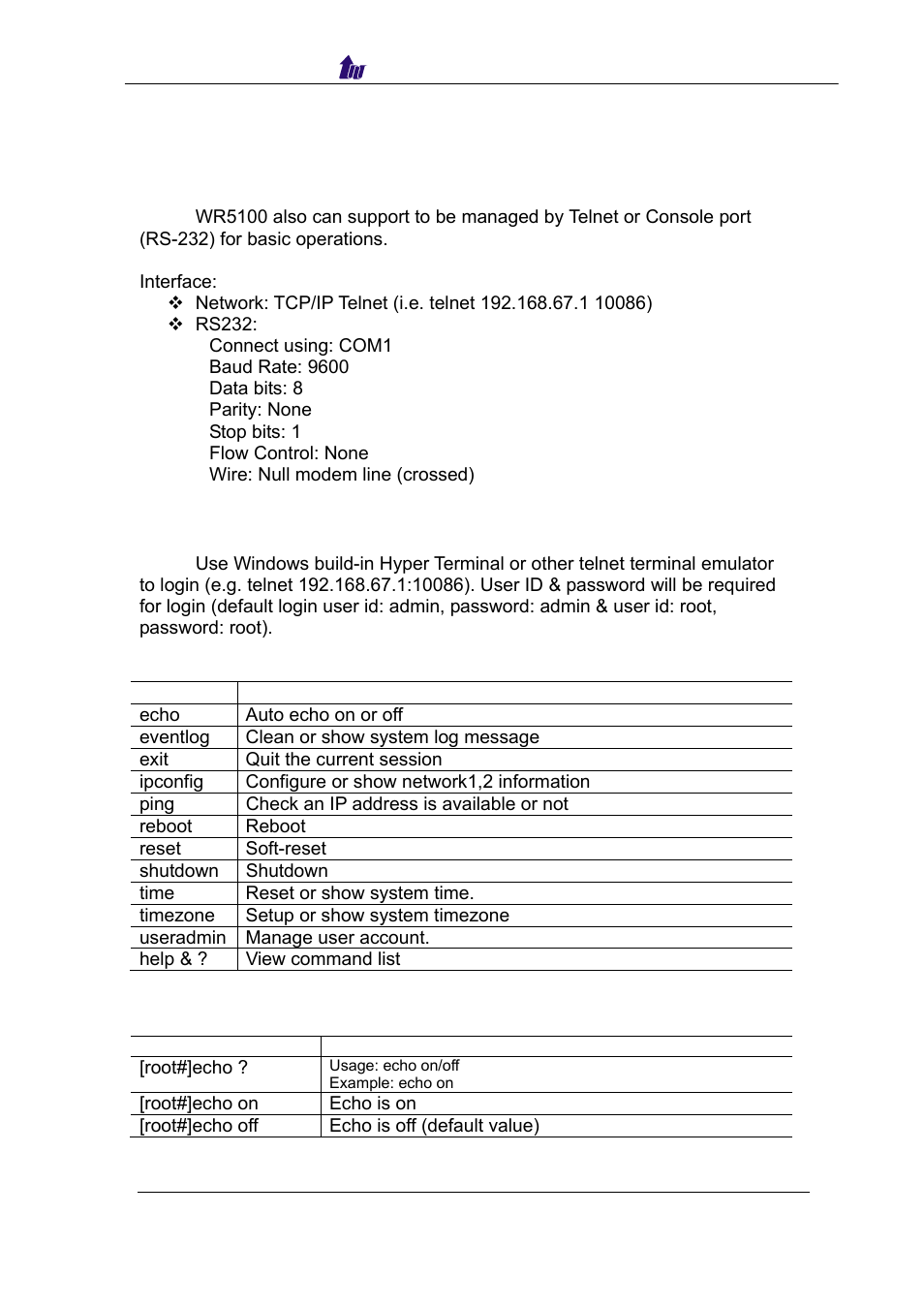 Chapter 5 telnet & rs-232 configuration | Welltech WR5100 V.1.0 User Manual | Page 19 / 33