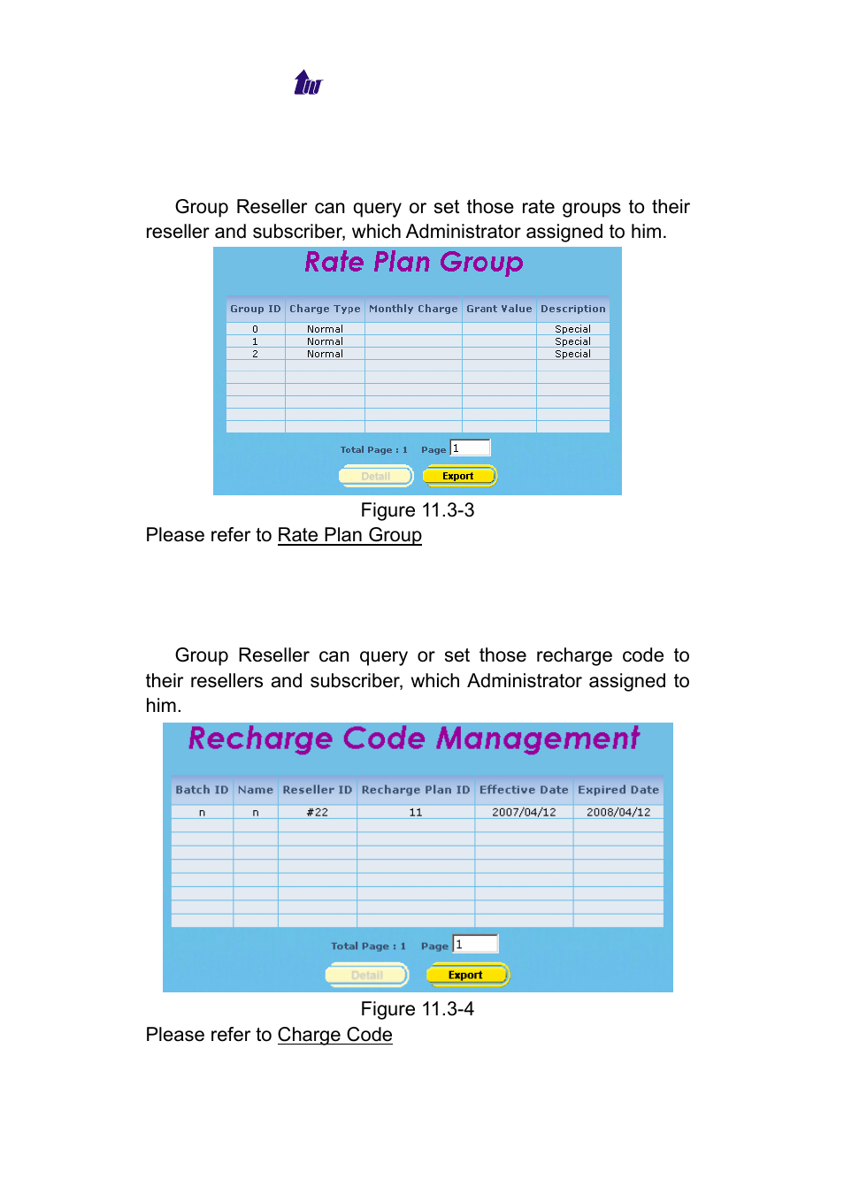 Rate plan > rate plan group, Prepaid service, Prepaid service > recharge code | Roup, Repaid, Ervice | Welltech WeIIBilling 6600 V.1.5 User Manual | Page 106 / 136
