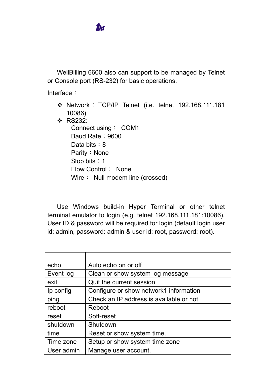 Chapter 14 telnet & rs-232 configuration, Logon wellbilling 6600 by telnet | Welltech WeIIBilling 6600 V.1.5 User Manual | Page 122 / 136
