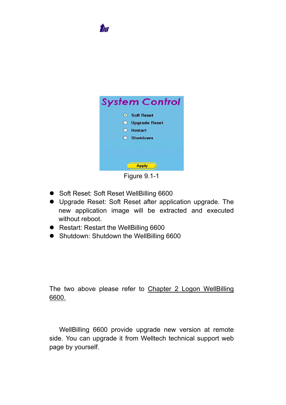 Chapter 9 control, System, System time | Network, Upgrade, Ystem, Etwork, Pgrade | Welltech WeIIBilling 6600 V.1.5 User Manual | Page 91 / 136