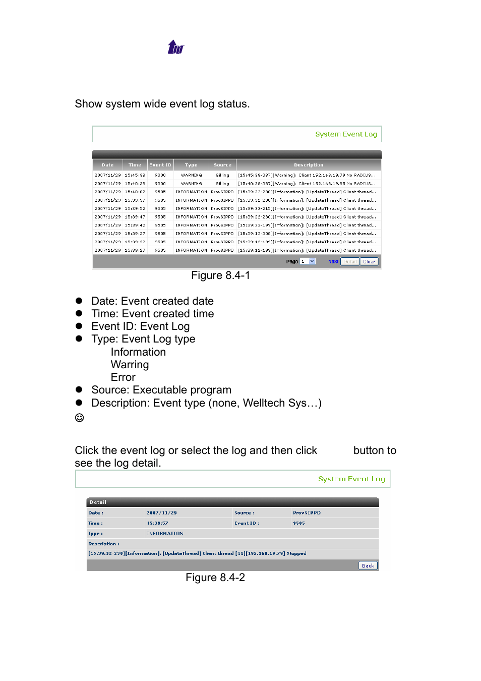 System event log, Ystem, Vent | Welltech WS 6600 V.2.0 User Manual | Page 114 / 161