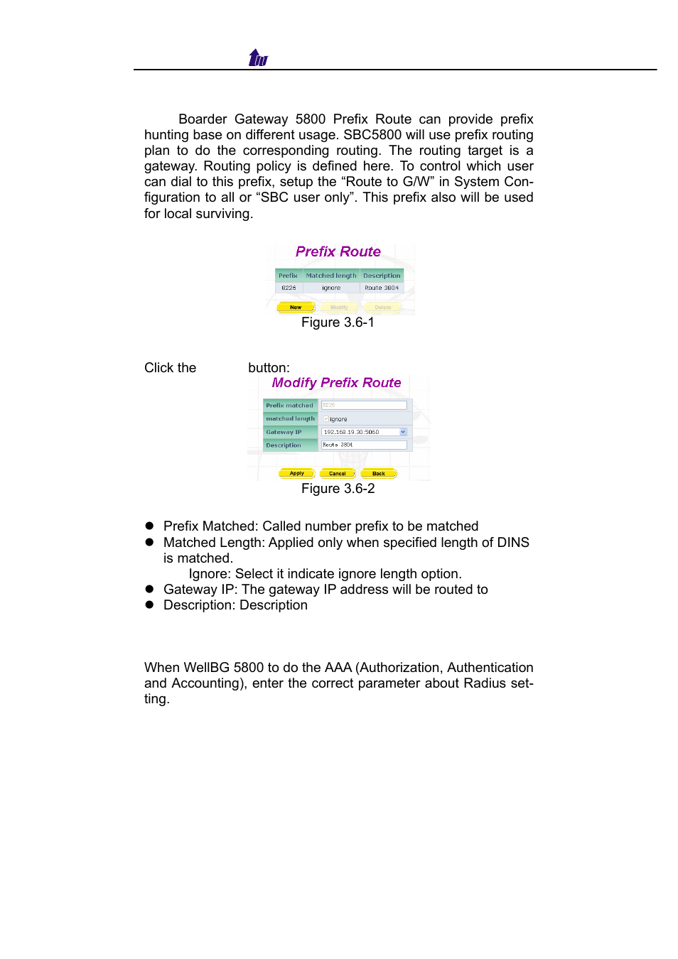 Prefix route | Welltech WellBG 5800 V.1.3 User Manual | Page 25 / 50