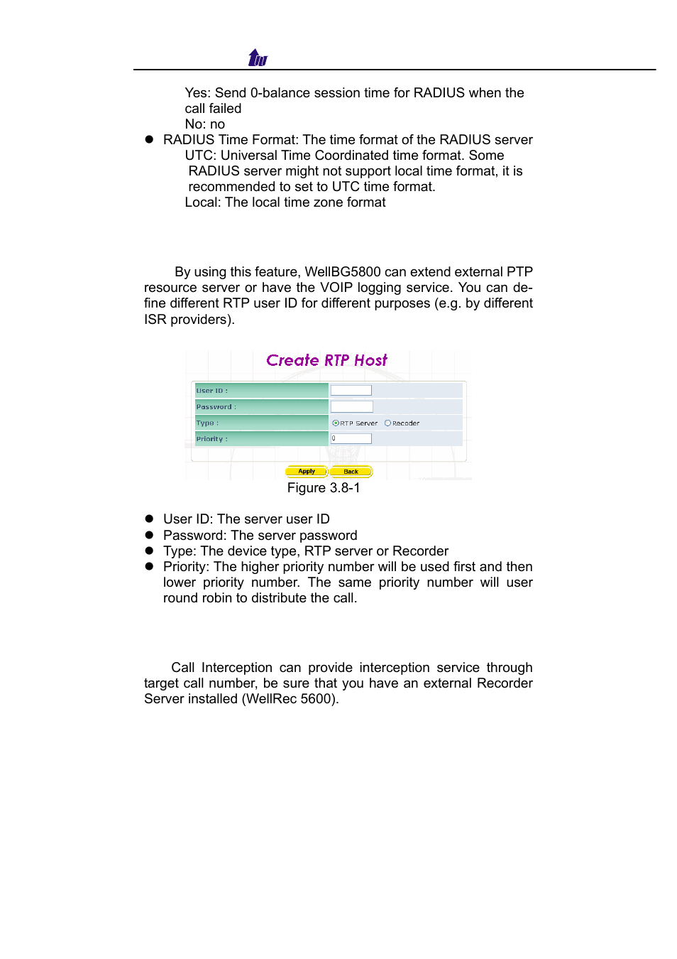 Rtp host, Call interception | Welltech WellBG 5800 V.1.3 User Manual | Page 27 / 50