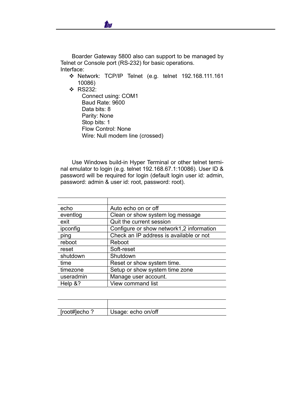 Chapter 6 telnet & rs-232 configuration | Welltech WellBG 5800 V.1.3 User Manual | Page 37 / 50