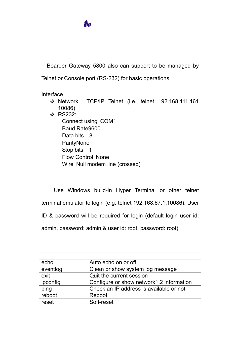 Chapter 6 telnet & rs-232 configuration, Logon boarder gateway 5800 by telnet | Welltech WellBG 5800 V.1.0 User Manual | Page 29 / 46