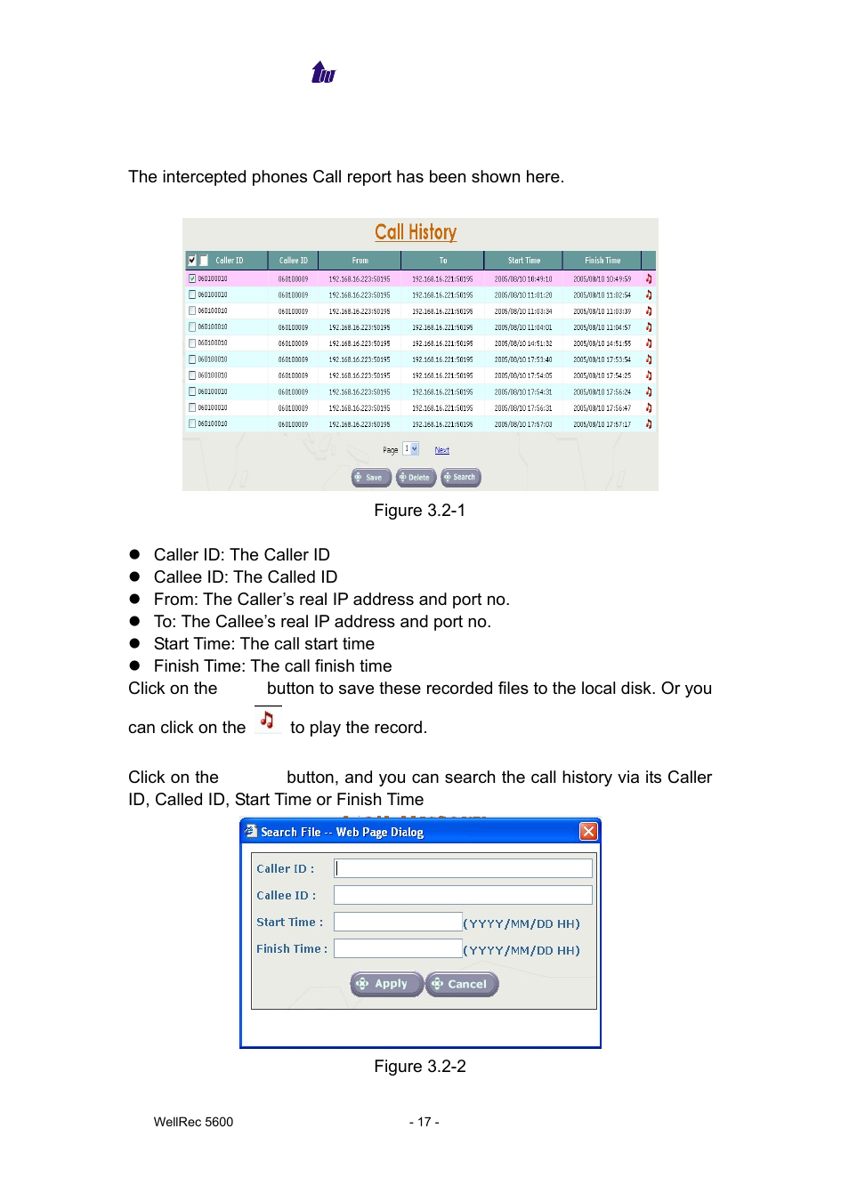 Call history | Welltech WellRec 5600 V.1.0 User Manual | Page 17 / 44