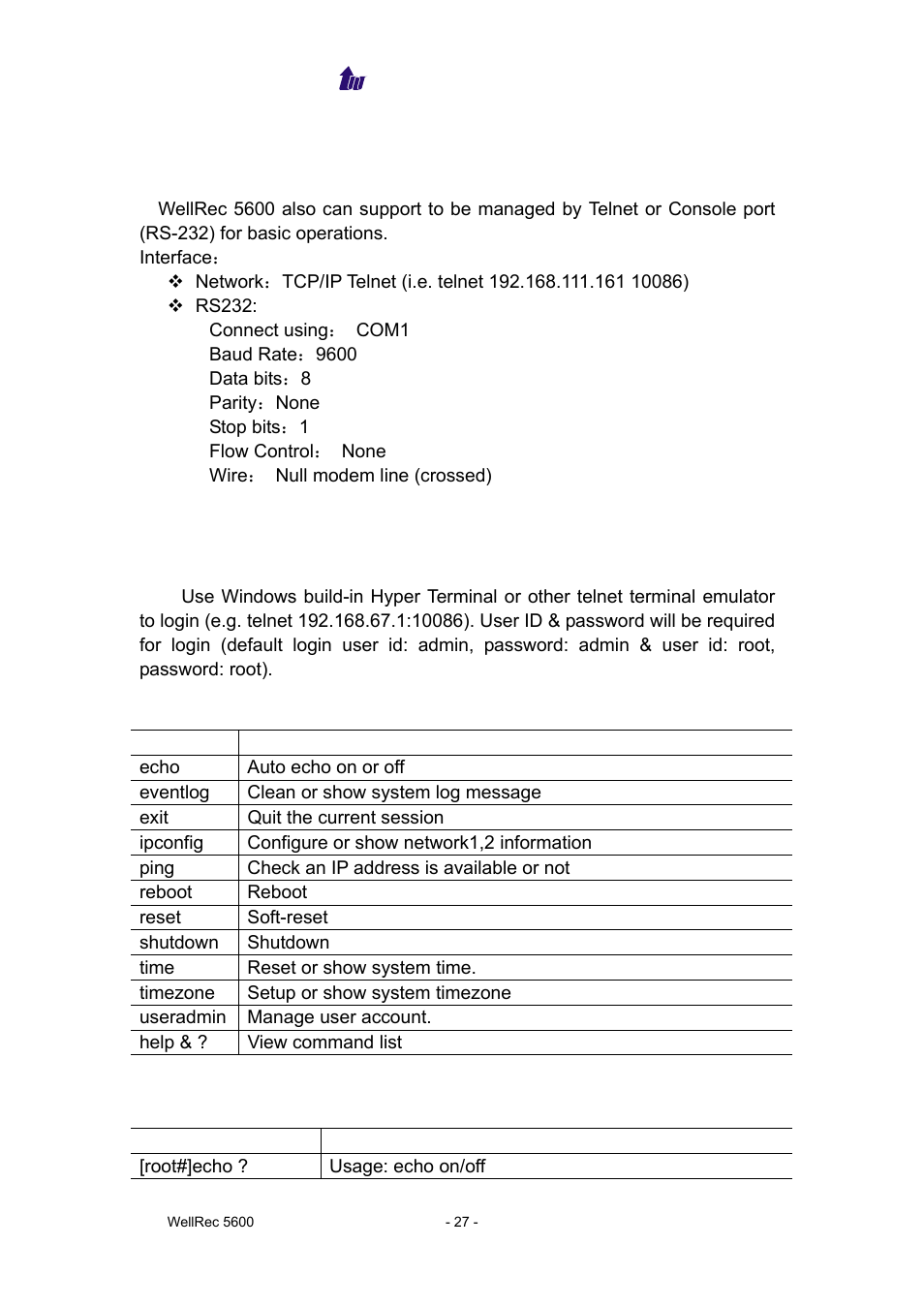 Chapter 6 telnet & rs-232 configuration | Welltech WellRec 5600 V.1.0 User Manual | Page 27 / 44