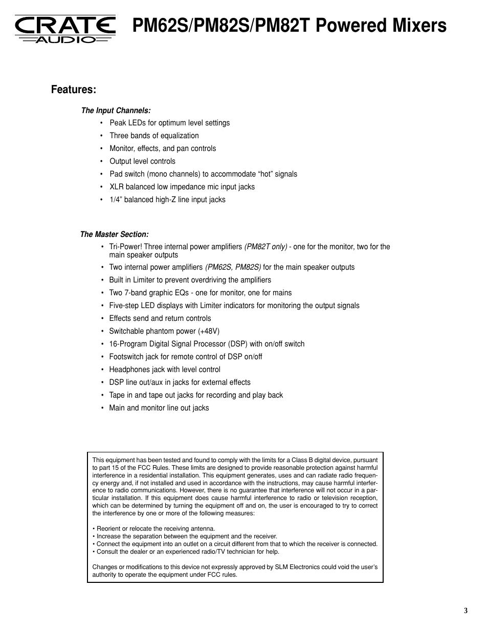 Features | Crate Amplifiers PM82S User Manual | Page 3 / 12
