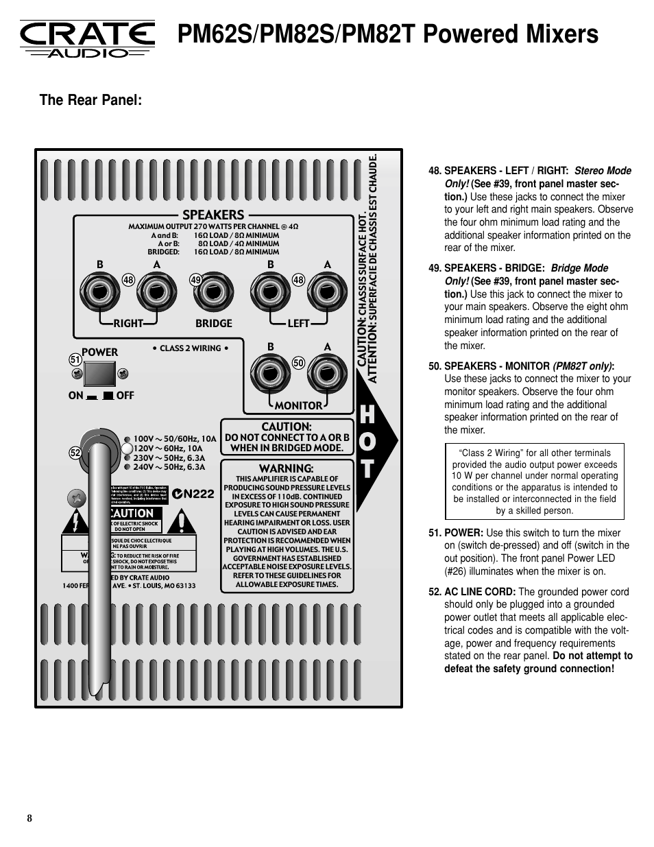 Ho t, The rear panel, Speakers | Crate Amplifiers PM82S User Manual | Page 8 / 12
