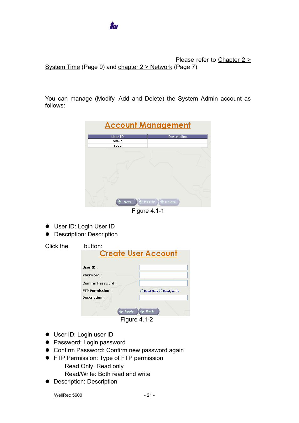 Chapter 4 system control reference, System, system time, Network | Account manager | Welltech WellRec 5600 V.1.5 User Manual | Page 21 / 42