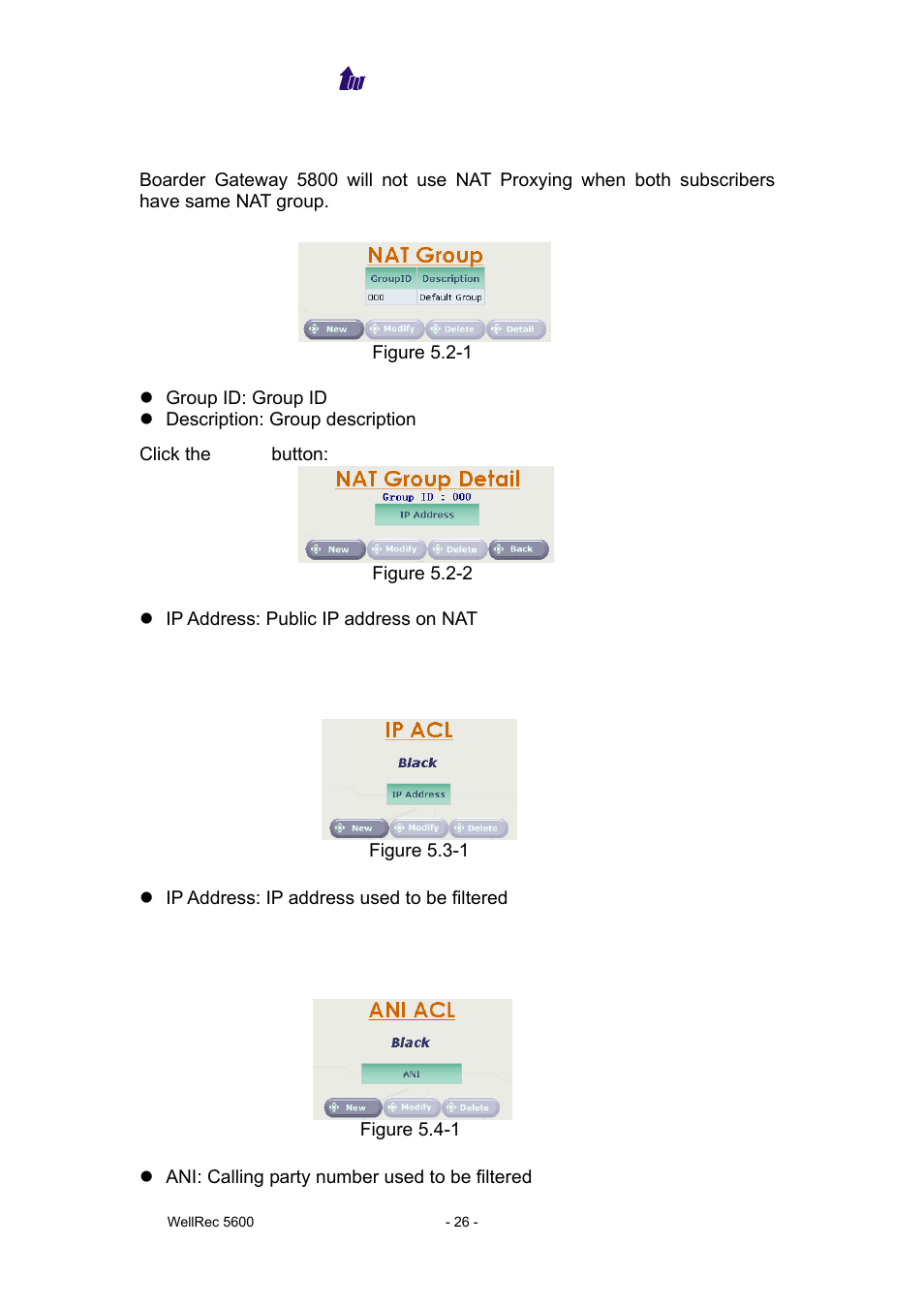 Nat group, Ip acl, Ani acl | Welltech WellRec 5600 V.1.5 User Manual | Page 26 / 42