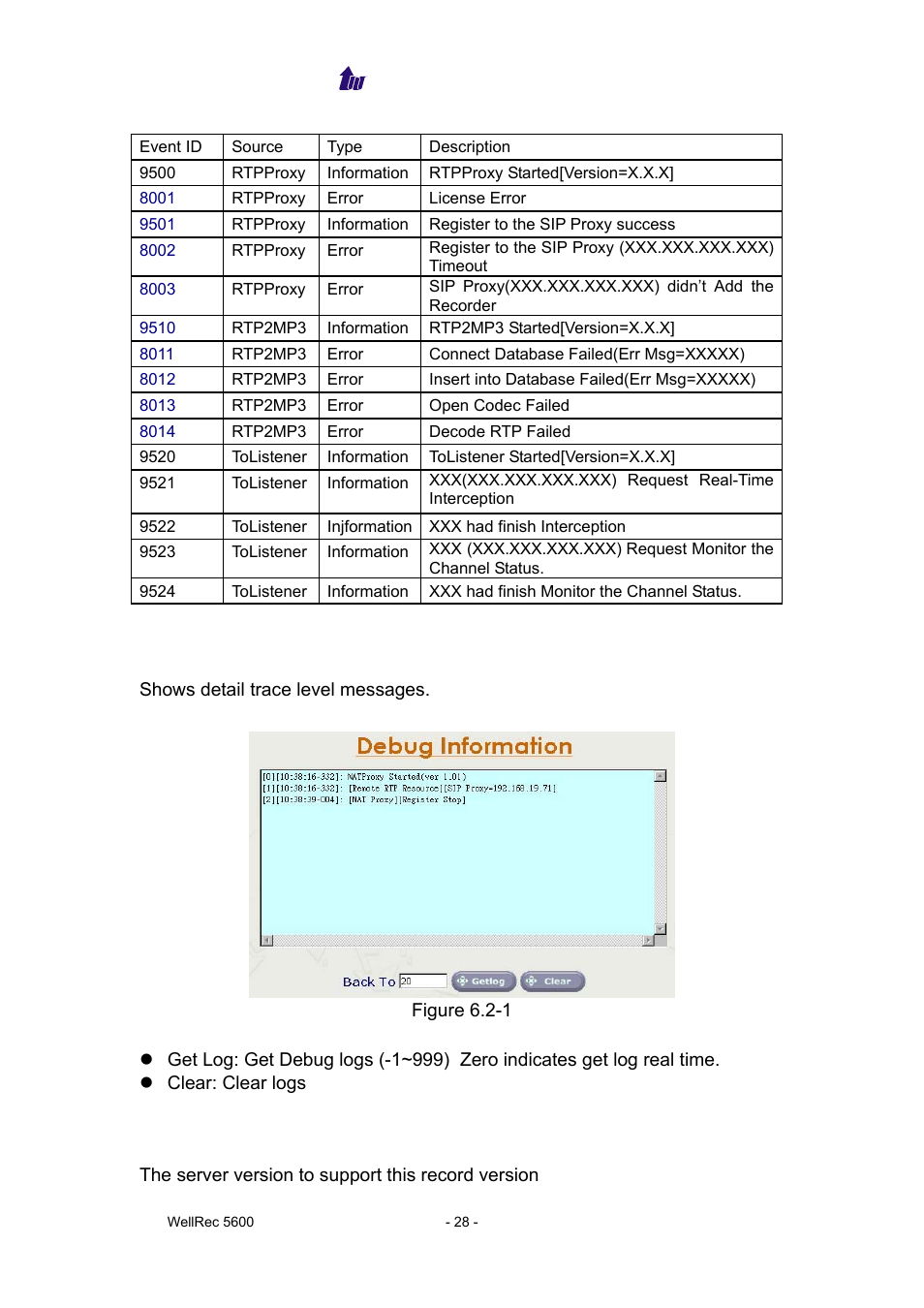 Debug info, Server status | Welltech WellRec 5600 V.1.5 User Manual | Page 28 / 42