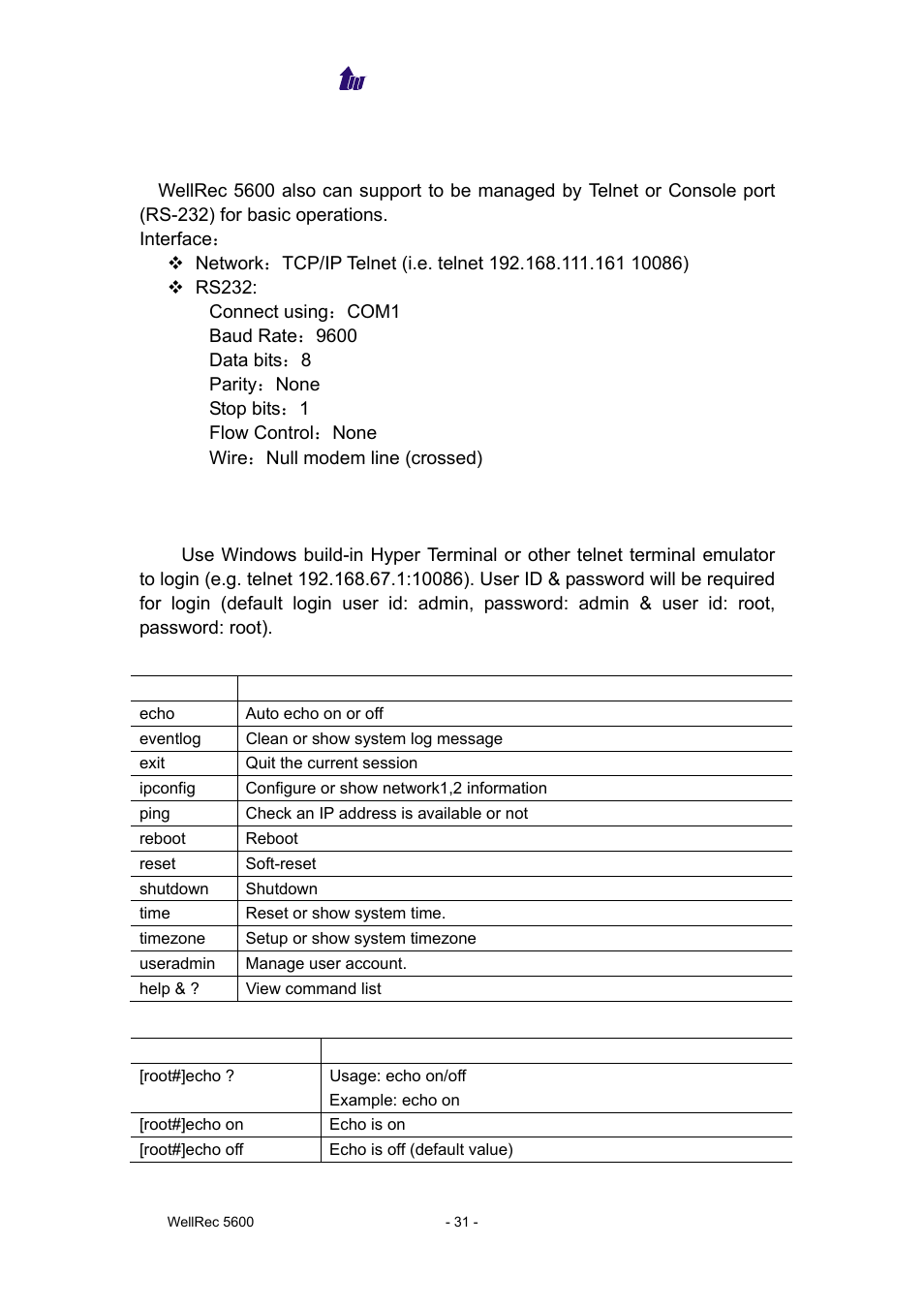 Chapter 7 telnet & rs-232 configuration, Logon wellrec 5600 by telnet | Welltech WellRec 5600 V.1.5 User Manual | Page 31 / 42
