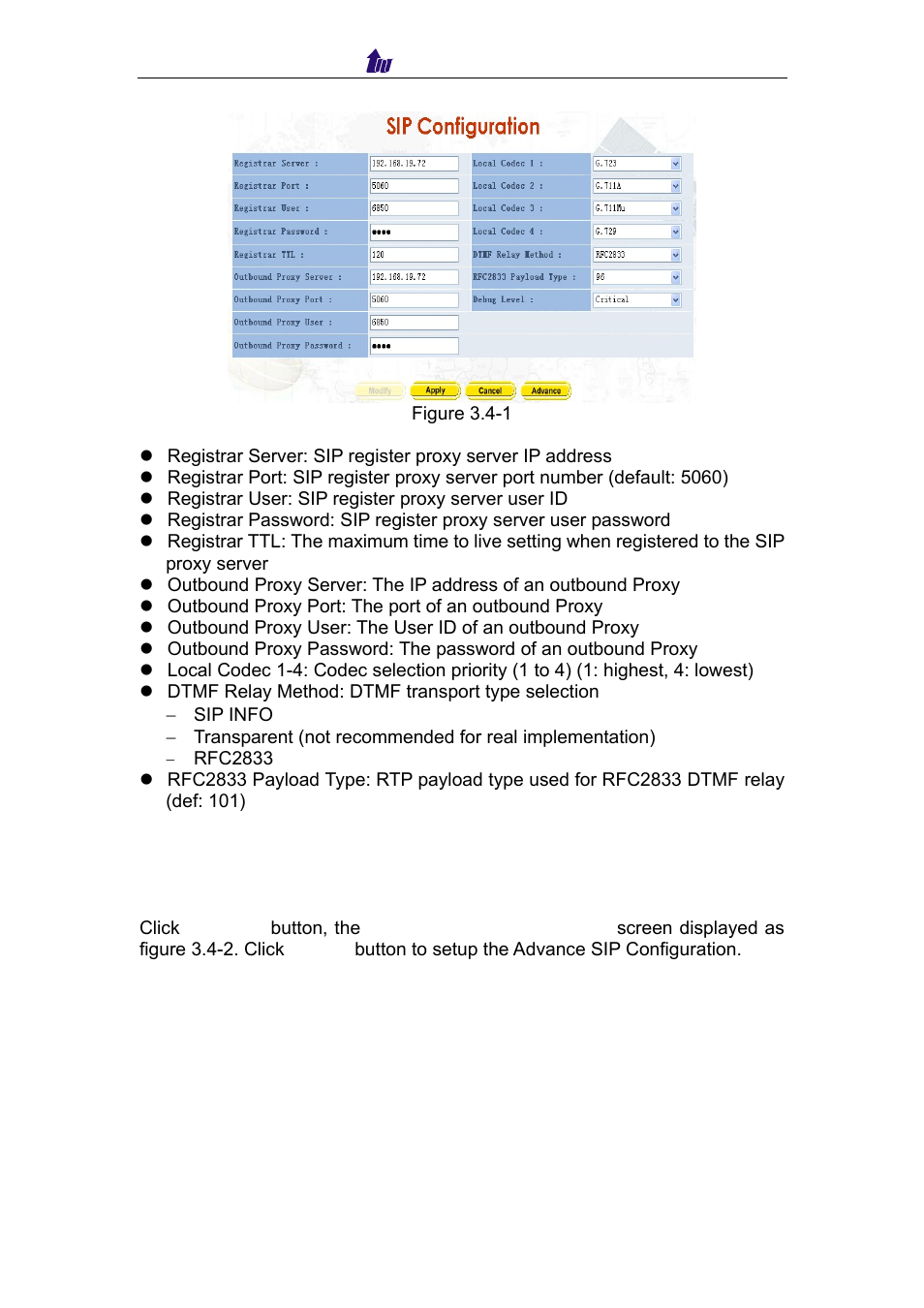 1 advance sip configuration | Welltech IP Centrex 6850 V.1.5 User Manual | Page 19 / 83