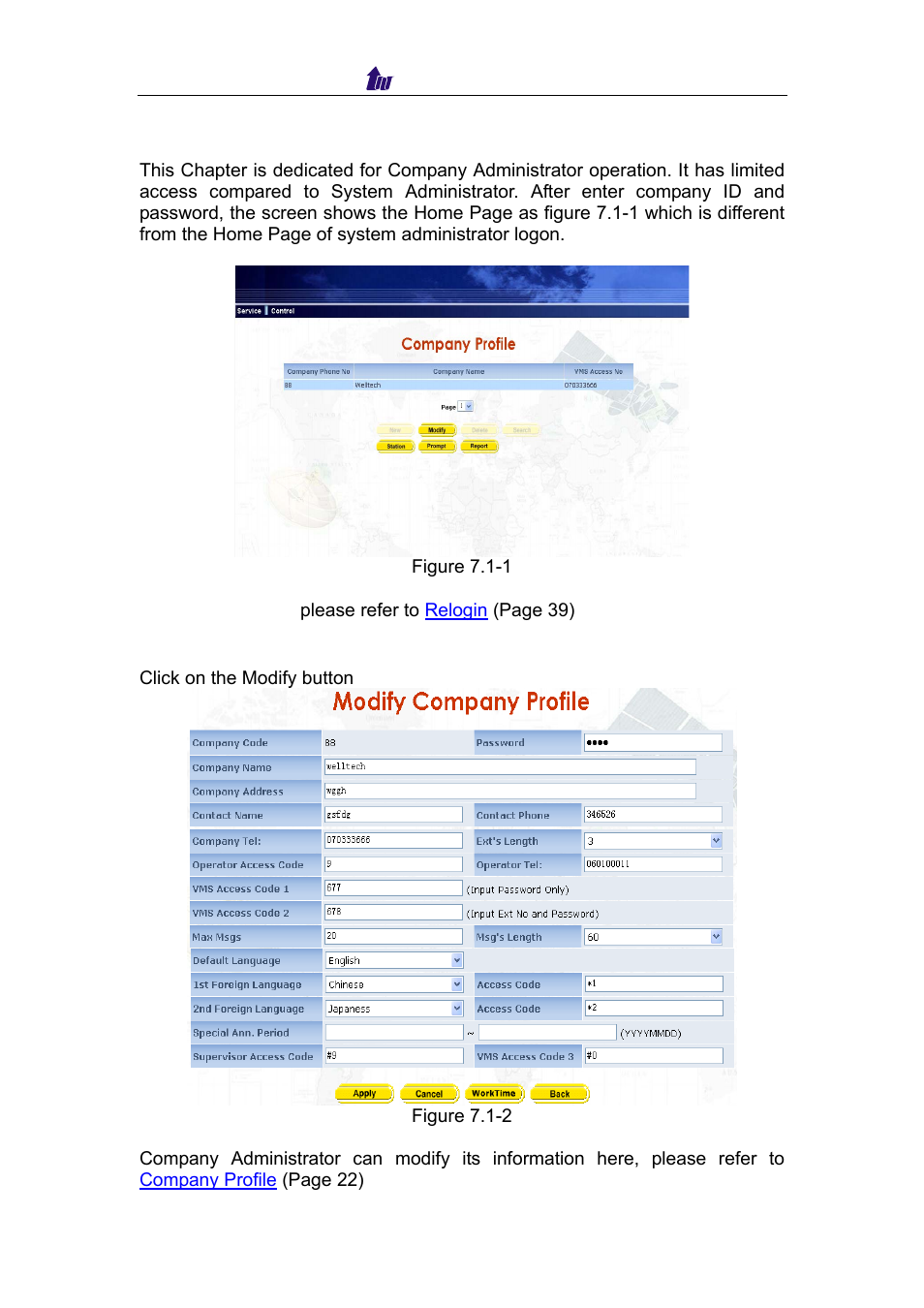 Chapter 7 company administrator operation, Modify | Welltech IP Centrex 6850 V.1.5 User Manual | Page 40 / 83