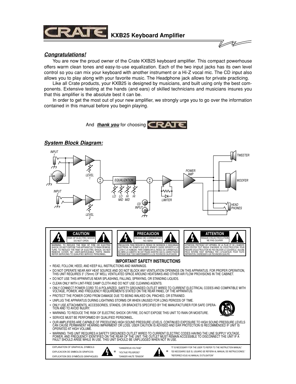 Kxb25 keyboard amplifier, System block diagram | Crate Amplifiers KXB25 User Manual | Page 2 / 4