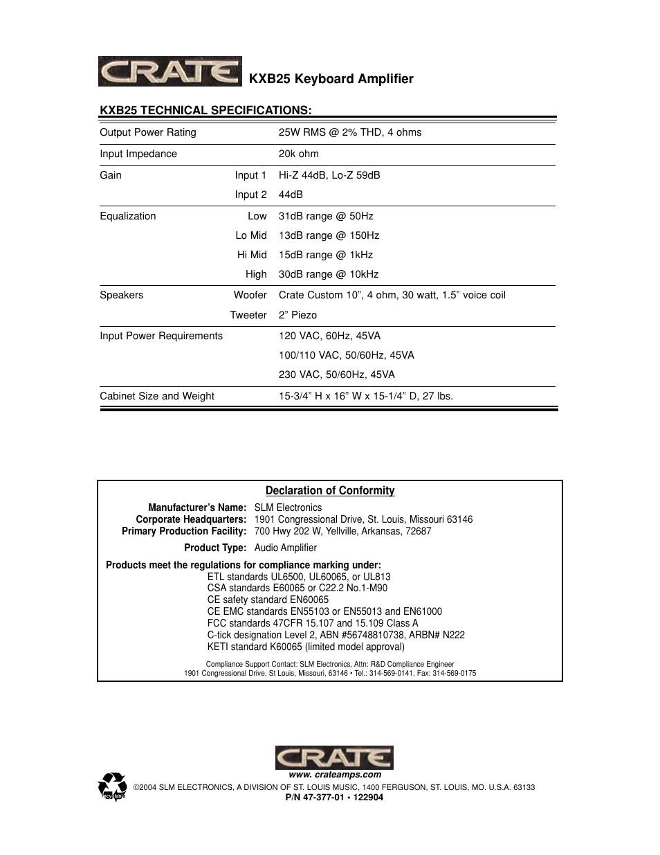 Kxb25 keyboard amplifier | Crate Amplifiers KXB25 User Manual | Page 4 / 4