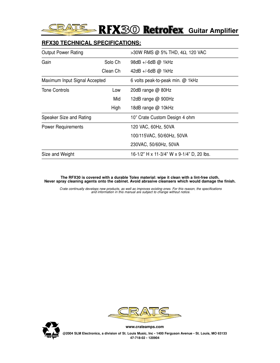 Guitar amplifier | Crate Amplifiers RFX30 User Manual | Page 8 / 8